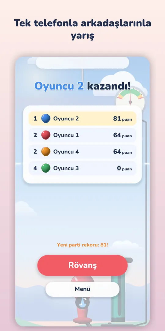 Parti modu sonucu / Party mode results: oyuncu sıralaması.